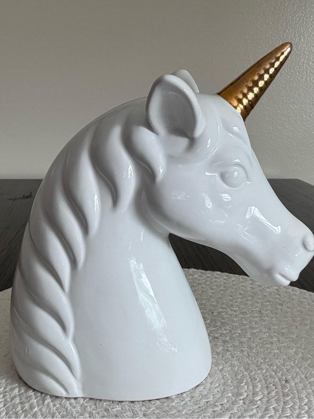 White Ceramic Unicorn Bank Bust with Gold Horn